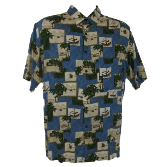 𝅺John Ashford Blue Sailboat Palm Leaf Print Short Sleeve Button Down Shirt - Picture 1 of 8